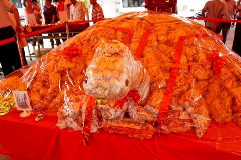 Un templo de Yunlin ha hecho una tortuga rellena de cabezas de ajo. Una de las noticias curiosas de esta semana. (Foto: Taipei Times).