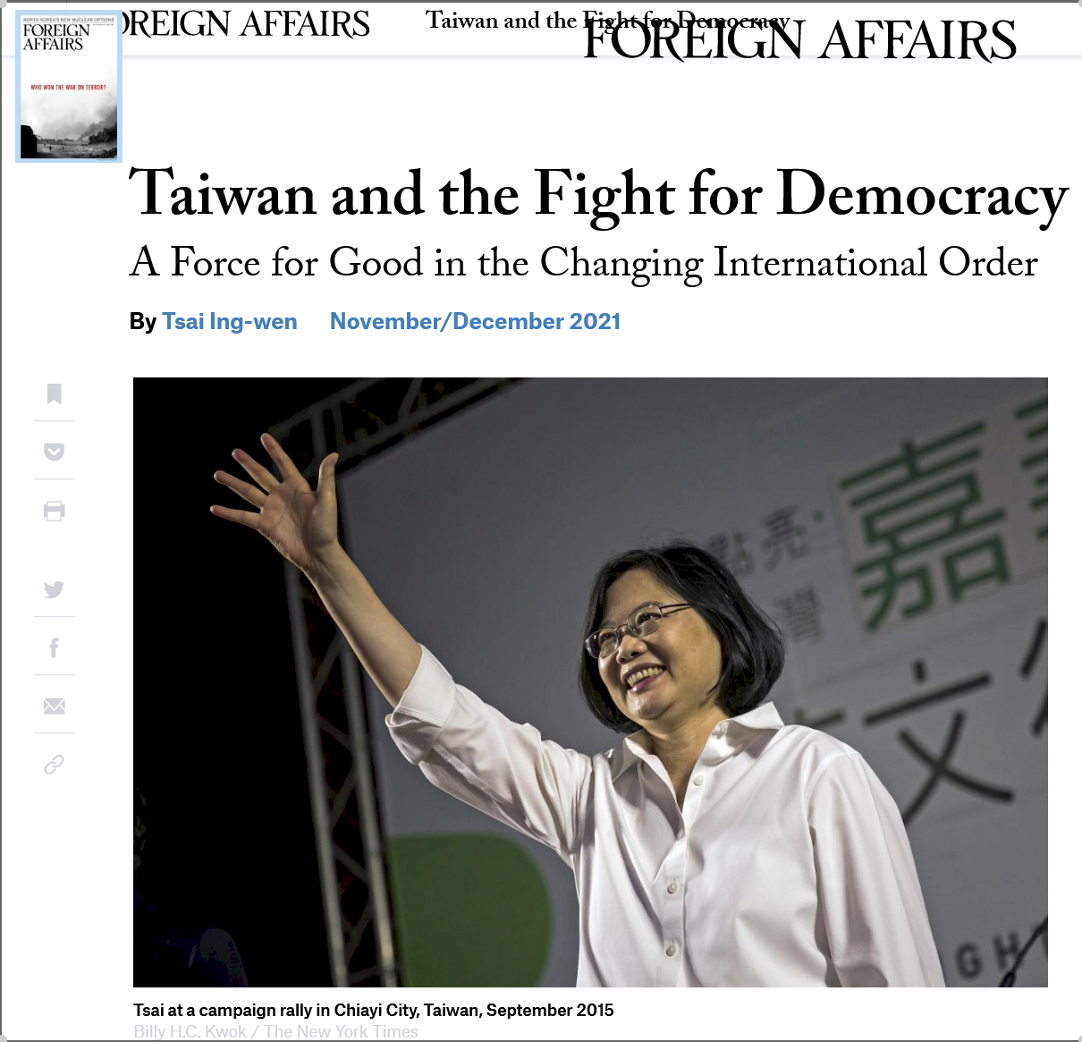 Tsai Ing-wen: “La historia de Taiwán es la de la resistencia democrática por su existencia”