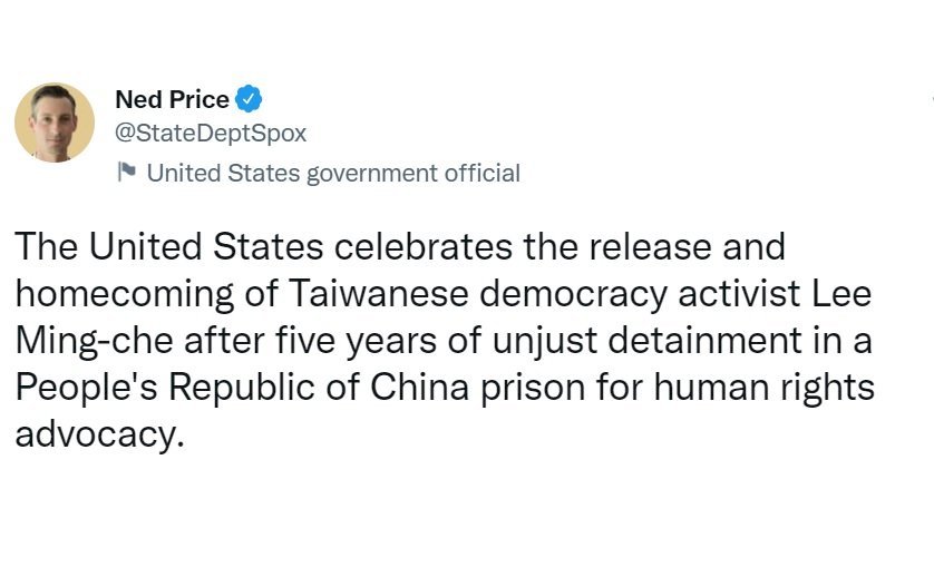 El portavoz del Departamento de Estado de EE. UU. felicita por Twitter la liberación de Lee Ming-che